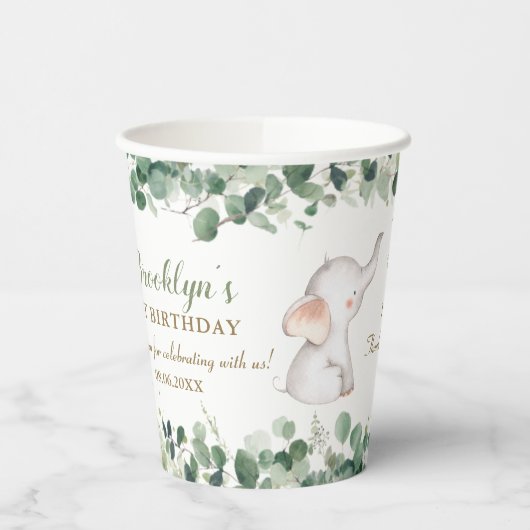 Schattige olifantengroen genderneutraal 1e verjaar papieren bekers (Links)