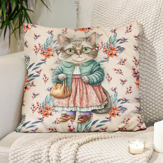 Schattige  Oma Cat Roze Schorten bril Kussen (Cute, funny little old lady/grandma cat pillow)