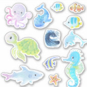 Schattige Onder de Zee Creatures Waterverf Sticker (Voorkant)