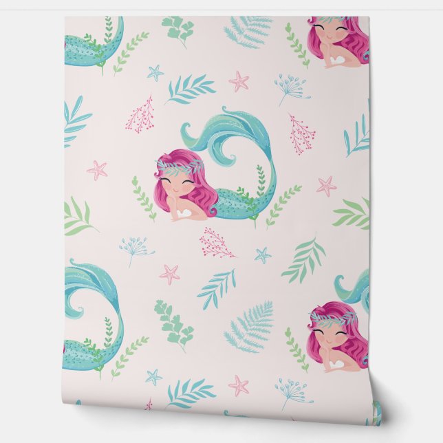 Schattige Onder het Zee Zeemeermin Blush Roze Kind Behang (Afrollen)