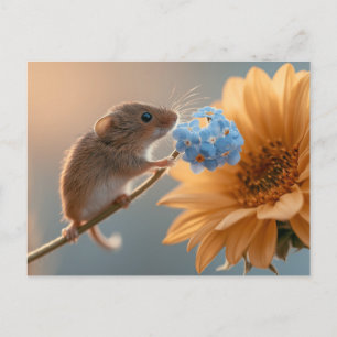 Schattige Oogstmuis Snuift aan Blauwe Vergeet-mij- Briefkaart