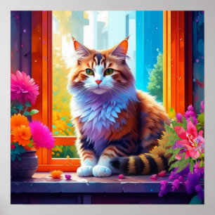 Schattige oranje en witte kat zittend in het raam poster