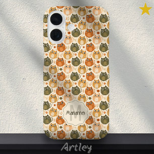Schattige Oranje Grijze Kat Stippen Naam Monogram iPhone 16 Hoesje