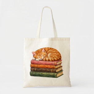 Schattige Oranje Kat Slapend op Stapel Boeken Tote Bag