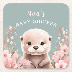 Schattige Otter Girl Baby shower Sage & Roze Bloem Vierkante Kartonnen Onderzetter