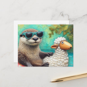 Schattige otter in een drijvende schaapflotter op briefkaart