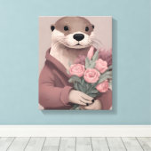 Schattige otter met bloemen canvas afdruk (Insitu (Houten vloer))