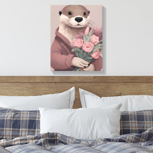 Schattige otter met bloemen canvas afdruk (Insitu (Slaapkamer))