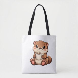 Schattige Otter met Koffie – Knus Kawaii Dier Draagtas