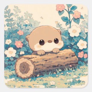 Schattige Otter Rustend op Holle Boomstam Vierkante Sticker