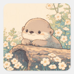 Schattige Otter Rustend op Holle Boomstam Vierkante Sticker