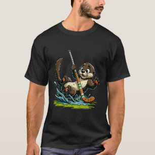 Schattige Otter Speelt Hockey Spetterend Op Vijver T-shirt
