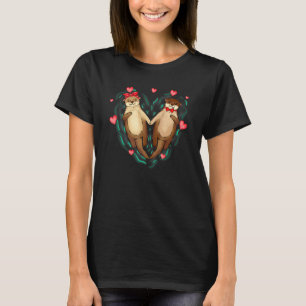 Schattige Otters Koppels Liefde Harten Retro Stijl T-shirt