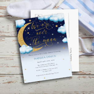 Schattige Over the Moon Blue Boy Baby shower Uitnodiging Briefkaart