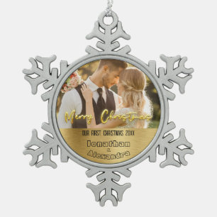 Schattige paar foto Eerste Kerstmis Luxe golden Tin Sneeuwvlok Ornament