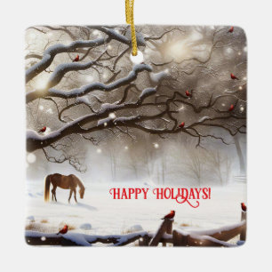 Schattige Paard In De wei Met Kardinalen Kerst Keramisch Ornament