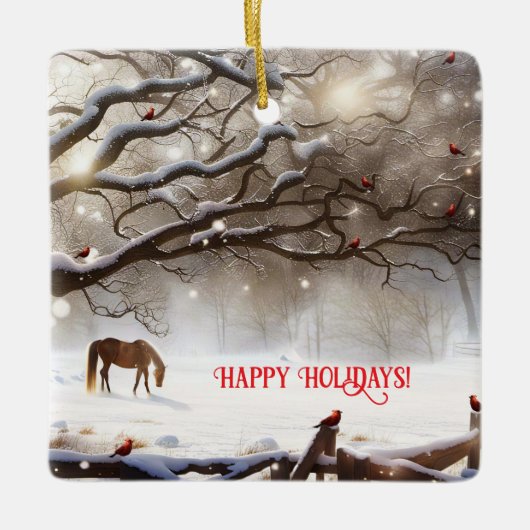 Schattige Paard In De wei Met Kardinalen Kerst Keramisch Ornament (Voorkant)
