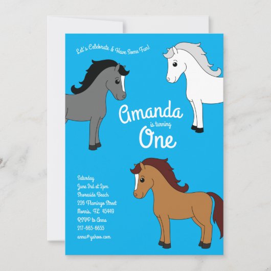 Schattige Paard Kinder 1e Verjaardag Party Blauw Kaart (Voorkant)