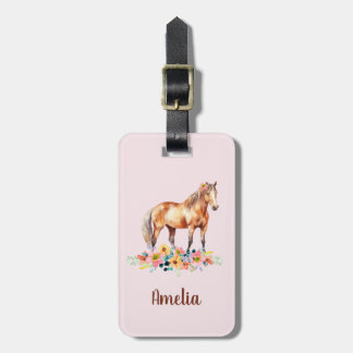 Schattige Paard Waterverf Bloemen Roze Naam Bagage Bagagelabel