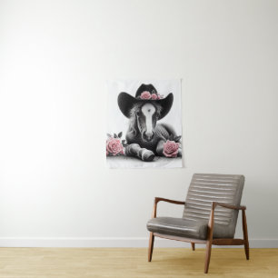 Schattige paardenveulen met roze bloemen wandkleed