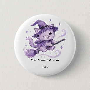 Schattige Paarse Heksenkat op Bezemsteel Halloween Ronde Button 5,7 Cm