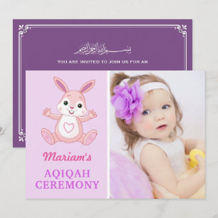 Schattige Paarse Konijn Baby Meisje Foto Aqiqah Kaart