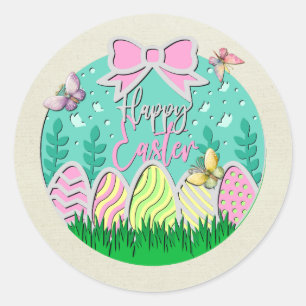 Schattige Paaseierenjacht en Kleurrijke Vlinders Ronde Sticker
