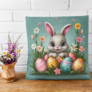 Schattige paashaas met gekleurde eitjes bloemenei kussen