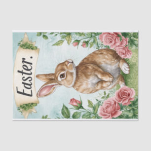 Schattige paashaas met roze rozen en een banner tissuepapier