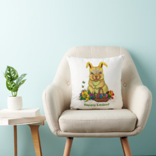 Schattige paaskonijn met eitjes en bloemen kussen
