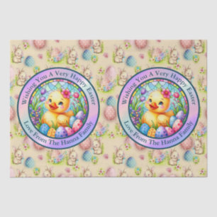 Schattige paaskuiken, bloemen en kleurrijke eieren tissuepapier