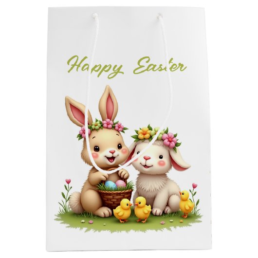 Schattige paaslam en konijn | Voorjaarsbloemen & k Medium Cadeauzakje (Voorkant)
