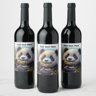 Schattige Panda Beer Eten Bamboe Custom Text Wijn Etiket