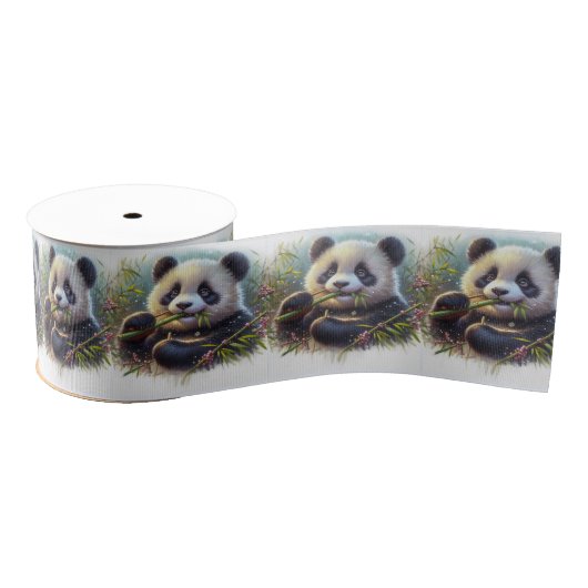 Schattige Panda Beer Eten Bamboe Grosgrain Lint (Spoel)