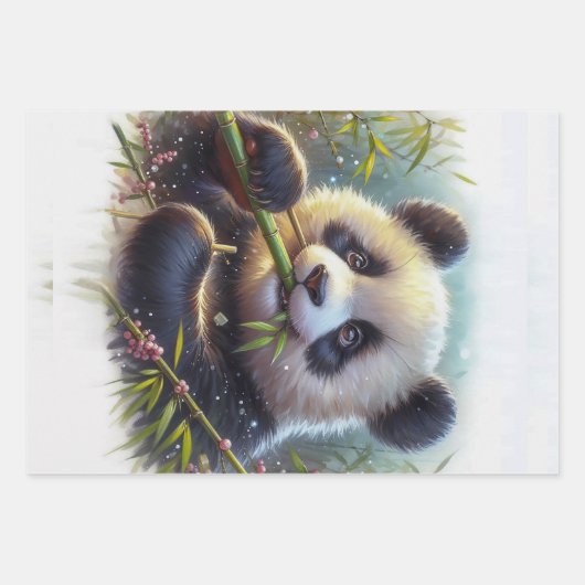 Schattige Panda Beer Eten Bamboe Inpakpapier Vel (Voorkant)