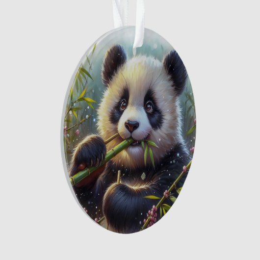 Schattige Panda Beer Eten Bamboe Ornament (voorkant)