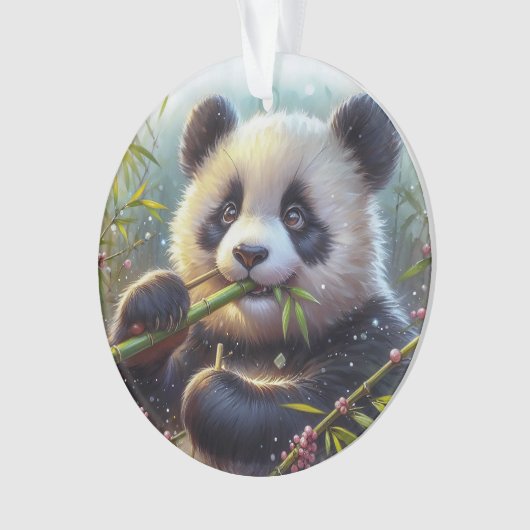Schattige Panda Beer Eten Bamboe Ornament (voorkant)