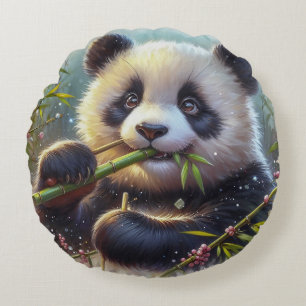 Schattige Panda Beer Eten Bamboe Rond Kussen