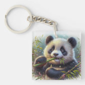 Schattige Panda Beer Eten Bamboe Sleutelhanger (Voorkant)