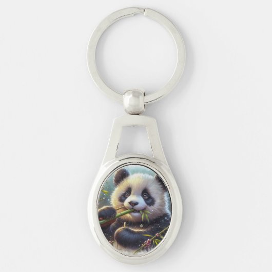 Schattige Panda Beer Eten Bamboe Sleutelhanger (Voorkant)