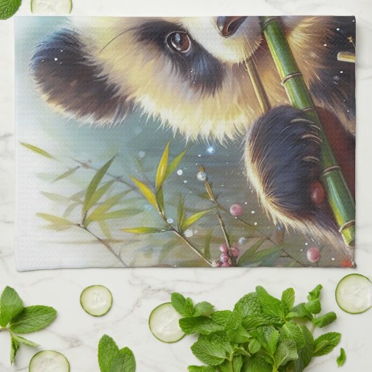 Schattige Panda Beer Eten Bamboe Theedoek (Gevouwen)