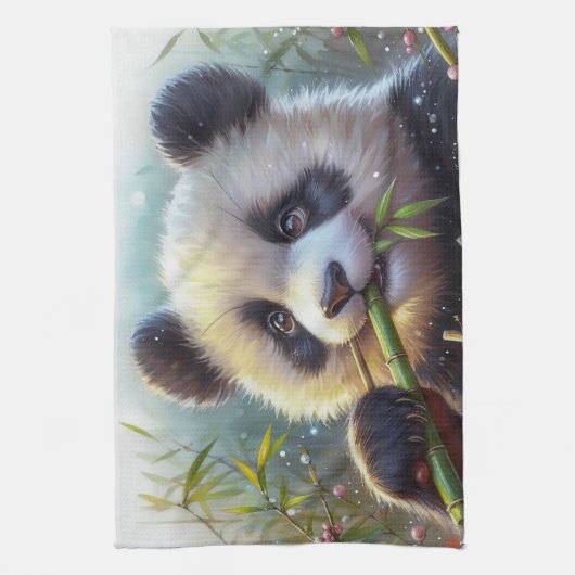 Schattige Panda Beer Eten Bamboe Theedoek (Verticaal)