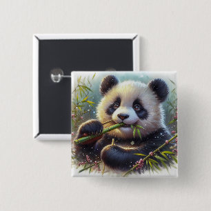 Schattige Panda Beer Eten Bamboe Vierkante Button 5,1 Cm