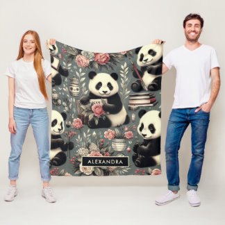 Schattige  Panda Floral Fleece Deken