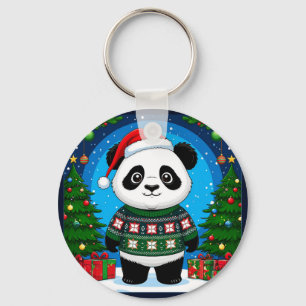 Schattige panda in kersttrui draagt kerstmuts sleutelhanger