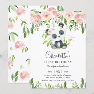 Schattige Panda Roze Bloemen Groen 1e Verjaardag M Kaart