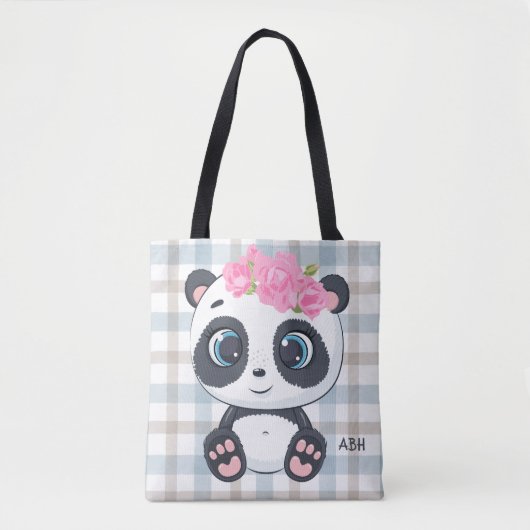 Schattige panda roze bloemmonogram draagtas (Voorkant)