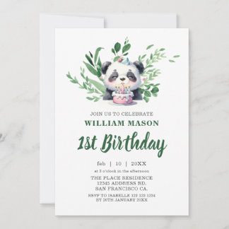 Schattige Panda Waterverf Groene 1e Verjaardag Kaart