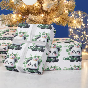Schattige Panda Waterverf Groene Patroon Verjaarda Cadeaupapier