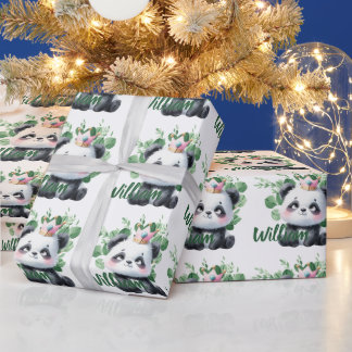Schattige Panda Waterverf Groene Patroon Verjaarda Cadeaupapier